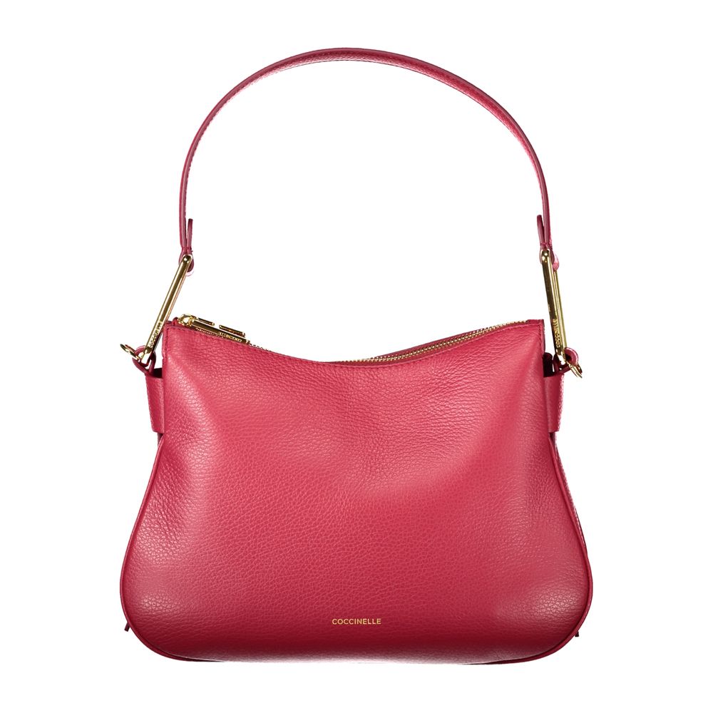 Coccinelle Red Leather Handbag with shoulder handle, internal pocket, document holder spaces, and zip closure, featuring logo.