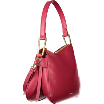 Coccinelle Red Leather Handbag with shoulder handle, internal pockets, document holder, zip closure, and logo detailing.