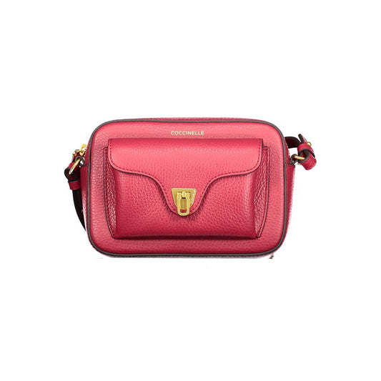 Coccinelle Red Leather Women Handbag with rotary closure and adjustable strap, featuring sophisticated design and external pocket.