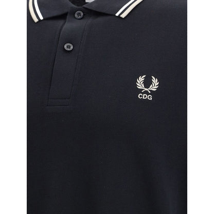 Comme Des Garçons Black Cotton Polo Shirt with Fred Perry logo, featuring a bold black design ideal for a modern wardrobe.