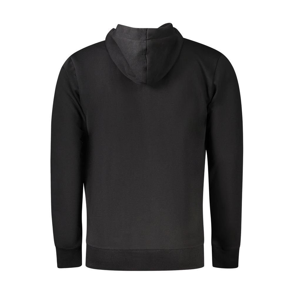 Back view of Coveri Moving Black Cotton Men Sweater with hood, showcasing sleek design and premium craftsmanship.
