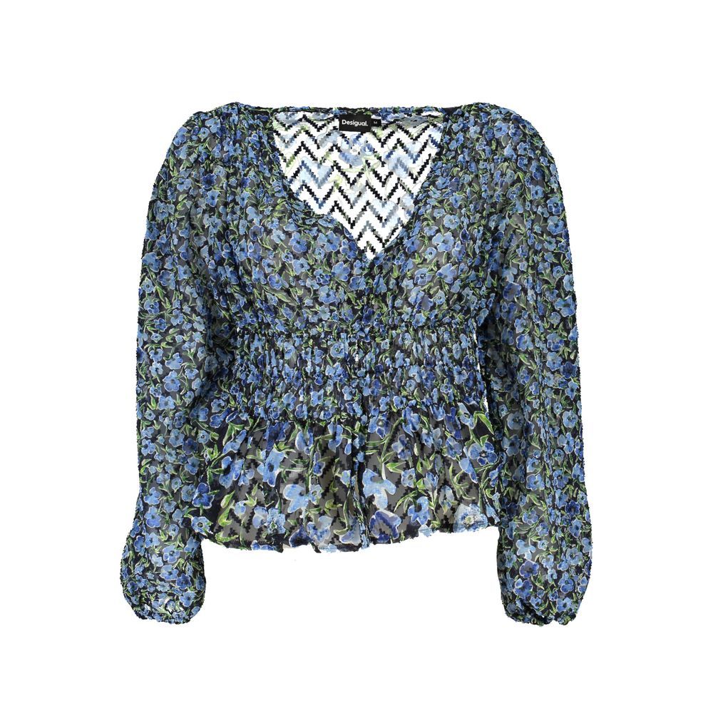 Desigual Blue Polyester Pattern Shirt with floral design, long sleeves, V-neck with buttons, elastic waist, ideal for women, 100% polyester.