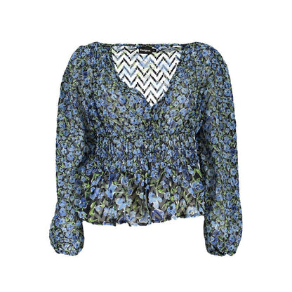 Desigual Blue Polyester Pattern Shirt with floral design, long sleeves, V-neck with buttons, elastic waist, ideal for women, 100% polyester.