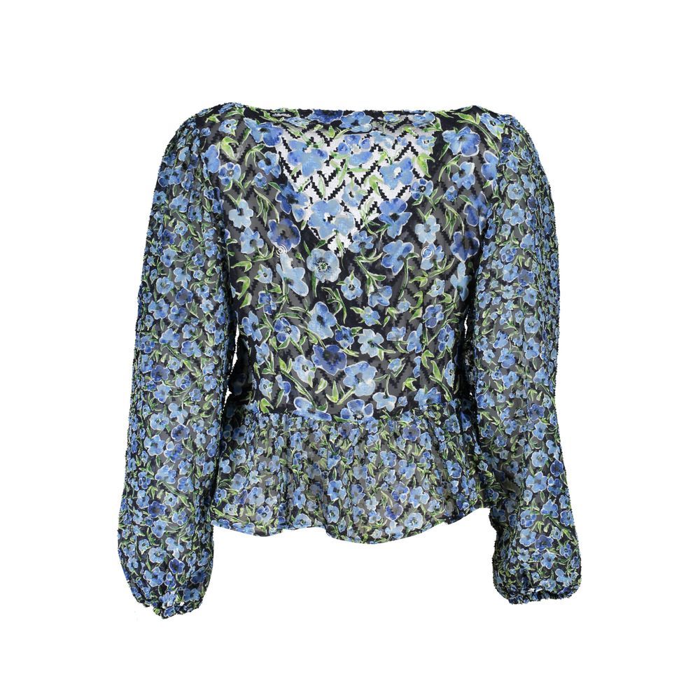 Desigual Blue Polyester Pattern Shirt, long sleeves, V-neck, elastic waist, perfect for women, 100% polyester material.