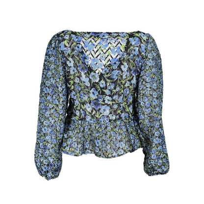 Desigual Blue Polyester Pattern Shirt, long sleeves, V-neck, elastic waist, perfect for women, 100% polyester material.
