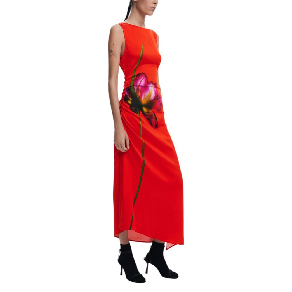Model wearing Desigual Red Viscose Long Dress for SS25 collection, featuring a floral print and sleeveless design, 97% viscose, 3% elastane.