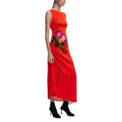 Model wearing Desigual Red Viscose Long Dress for SS25 collection, featuring a floral print and sleeveless design, 97% viscose, 3% elastane.