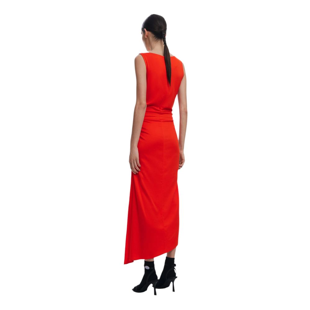 Back view of model wearing Desigual Red Viscose Long Dress with black heels, part of women's SS25 collection.
