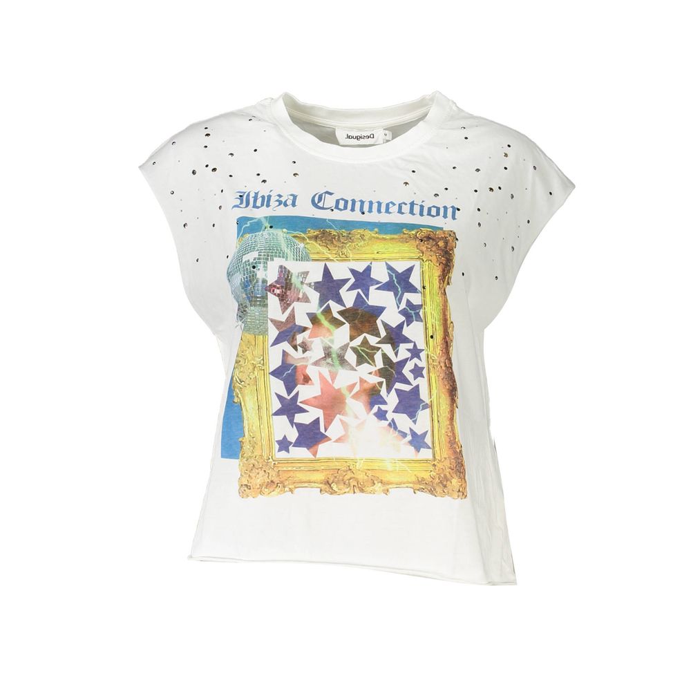 Desigual White Cotton Women Top with bold print and contrasting details, featuring Ibiza Connection stars and iconic Desigual logo.