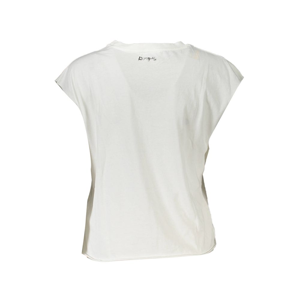 Back view of Desigual White Cotton Women Top with logo, showcasing short sleeves and simple design.