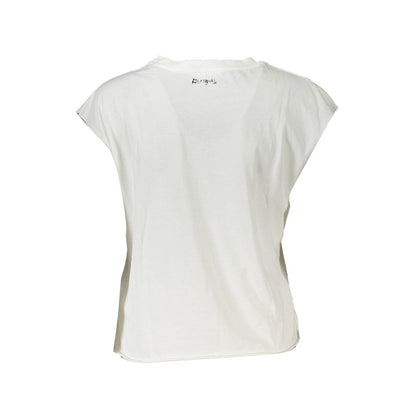 Back view of Desigual White Cotton Women Top with logo, showcasing short sleeves and simple design.