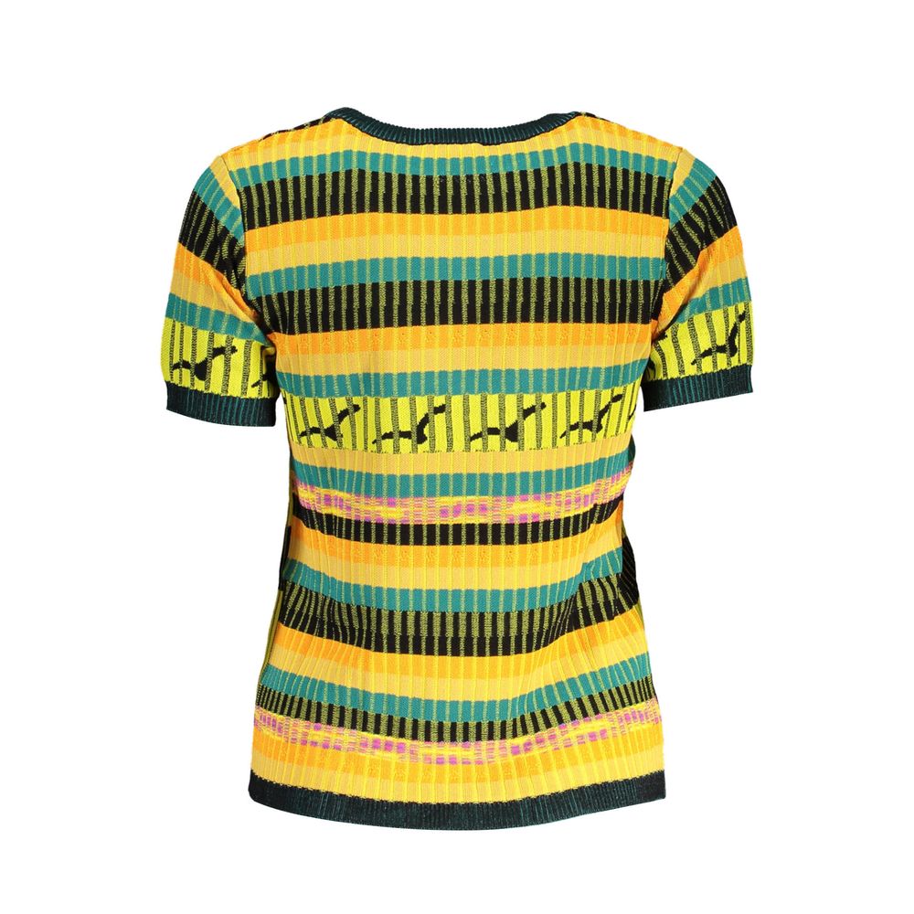 Desigual Yellow Viscose Women Sweater with colorful stripes and short sleeves, back view.