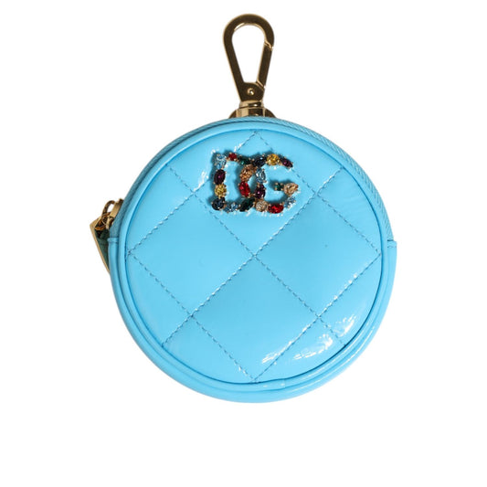 Dolce & Gabbana Azure Blue Leather Round Coin Purse Keychain Crystal Logo Wallet