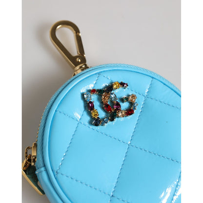 Dolce & Gabbana Azure Blue Leather Round Coin Purse Keychain Crystal Logo Wallet