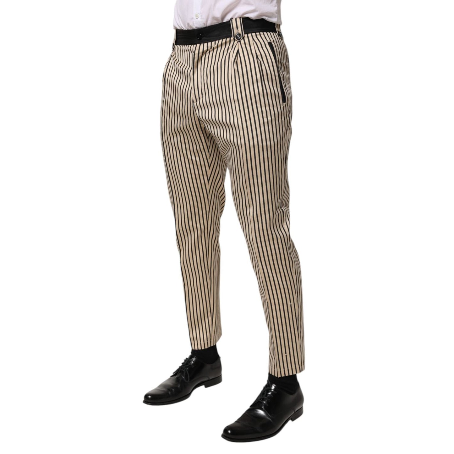 Dolce & Gabbana Beige Black Striped Cotton Slim Fit Trousers Pants