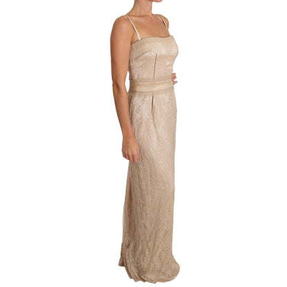 Dolce & Gabbana Beige Lace Spaghetti Strap Sheath Dress with floor-length beige lace, featuring a back zipper closure and logo details.