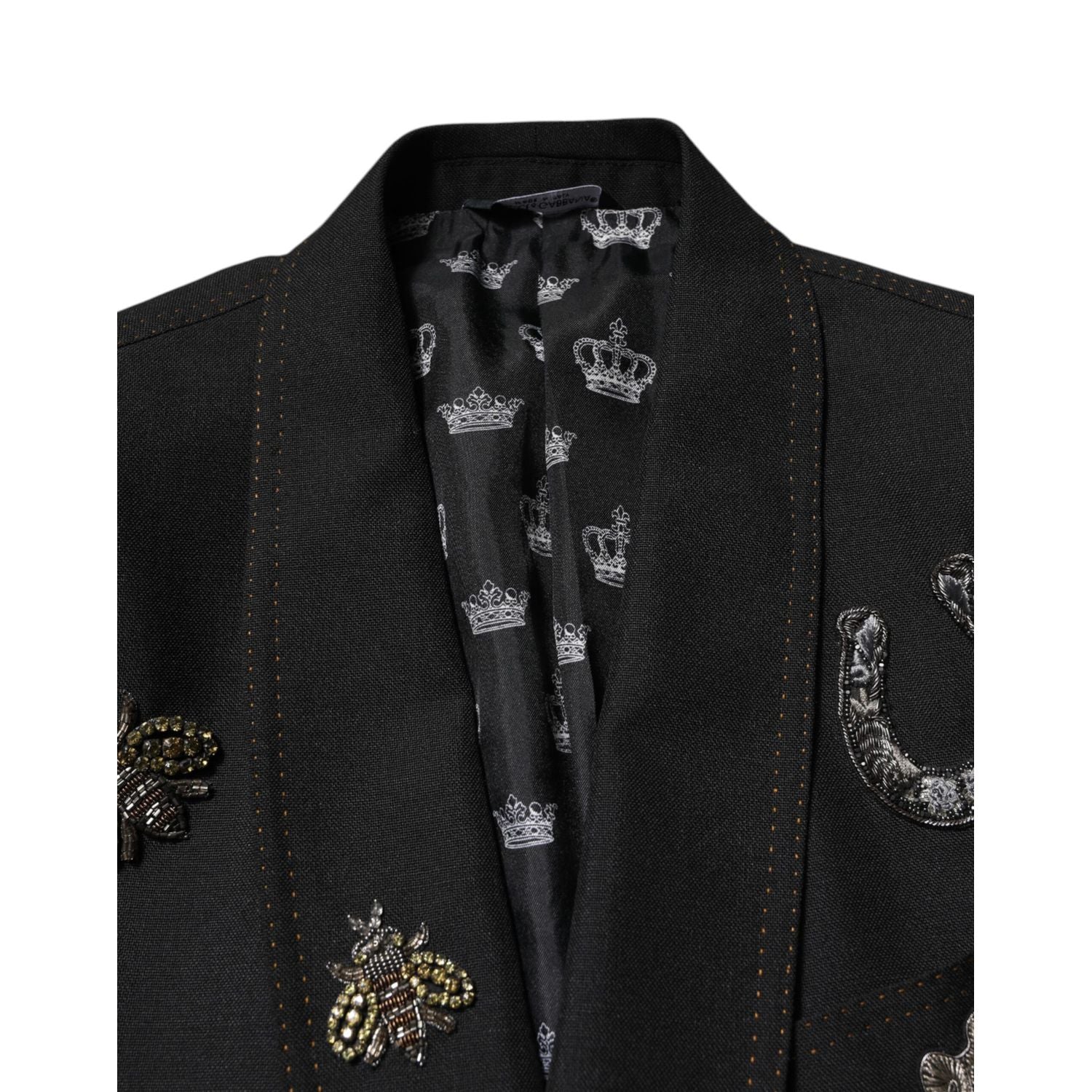 Dolce & Gabbana Black Bee Crown Embellished Suit Coat Blazer