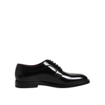 Dolce & Gabbana Black Calf Leather Lace Up Dress Shoes with logo details and leather sole, made in Italy. Luxurious men's derby shoes.