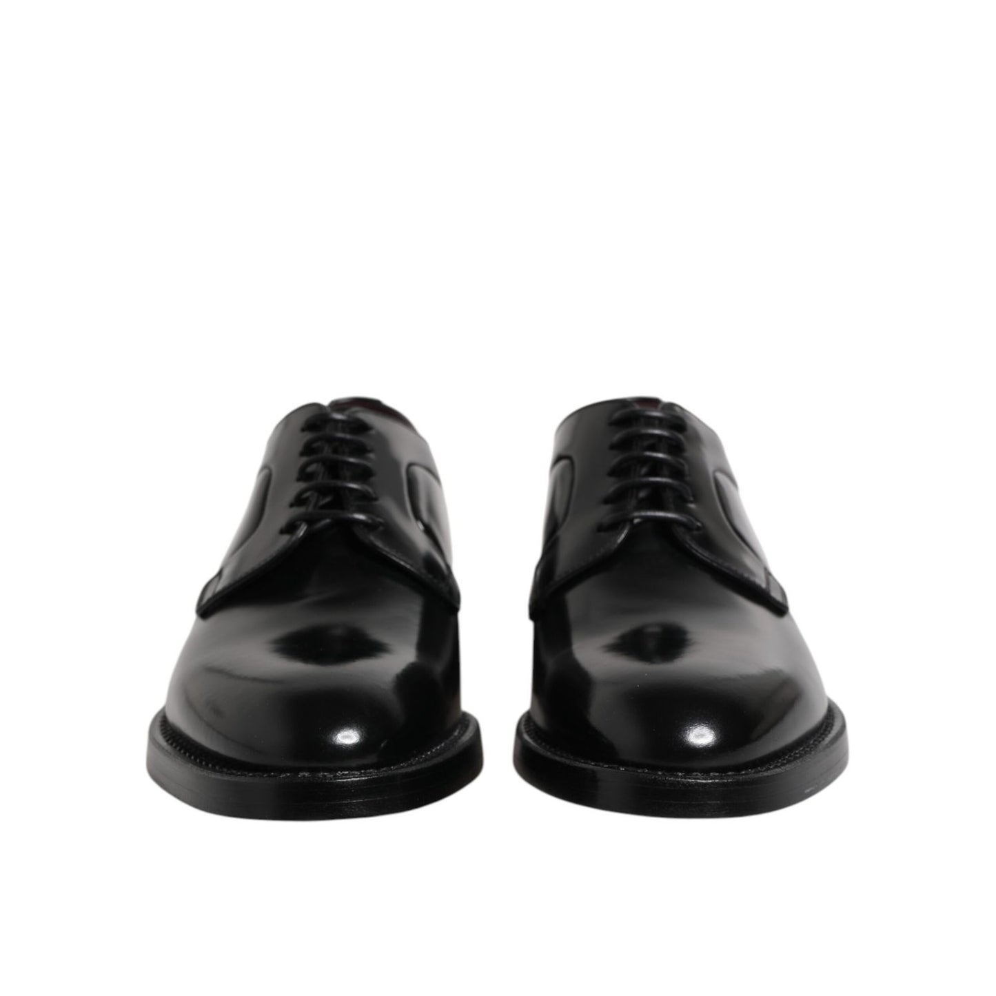 Dolce & Gabbana Black Calf Leather Lace Up Dress Shoes with logo details, made in Italy, featuring elegant craftsmanship.