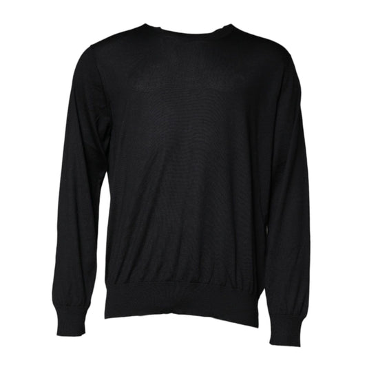Dolce & Gabbana Black Cashmere Crew Neck Pullover Sweater with logo detail, featuring repaired holes on the left sleeve, made in Italy.