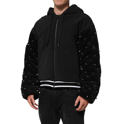 Dolce & Gabbana Black Cotton Quilted Studded Sleeve Hoodie Jacket