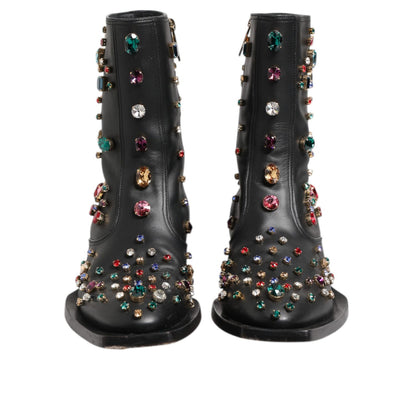 Dolce & Gabbana Black Crystal Cowboy Leather Men Boots Shoes
