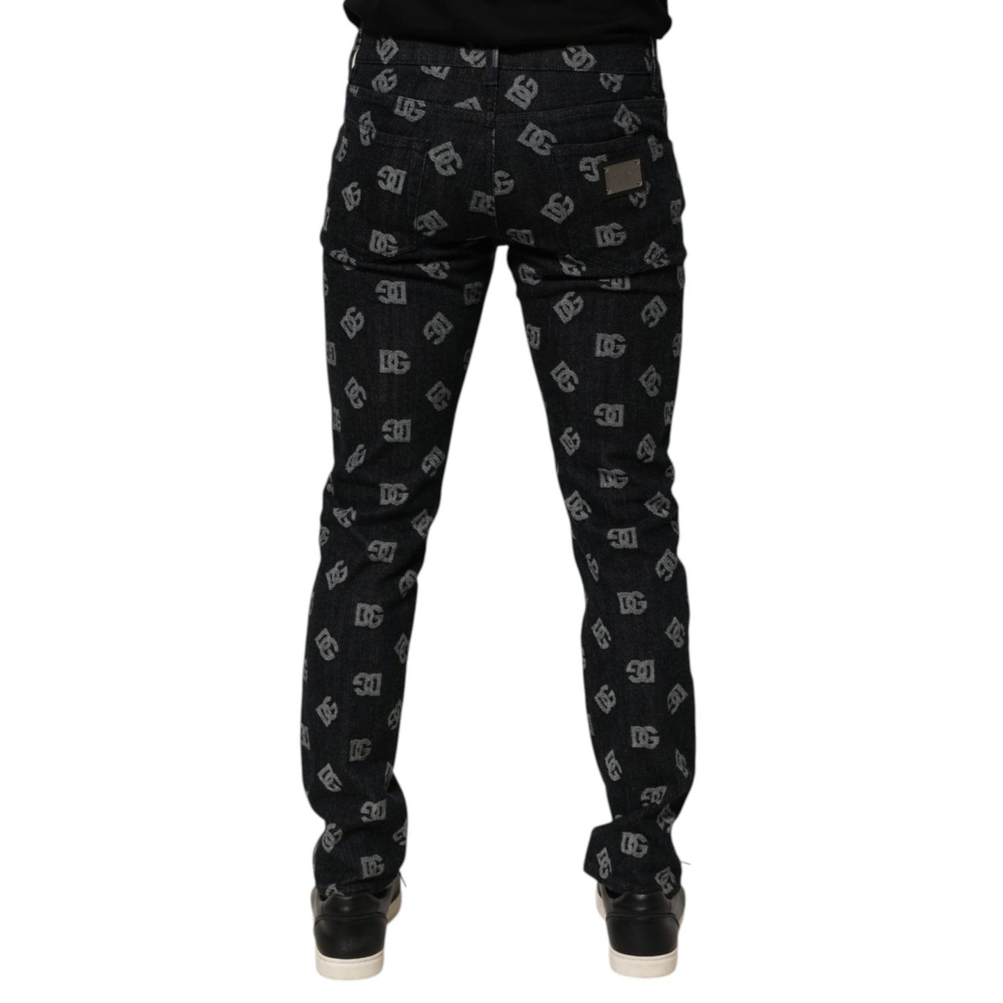 Dolce & Gabbana Black DG Monogram Cotton Skinny Denim Jeans, rear view showcasing monogram pattern.