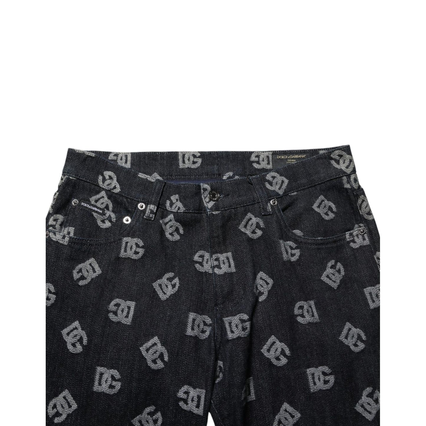 Dolce & Gabbana Black DG Monogram Cotton Skinny Denim Jeans with iconic monogram design, showcasing luxury branding and sleek style.