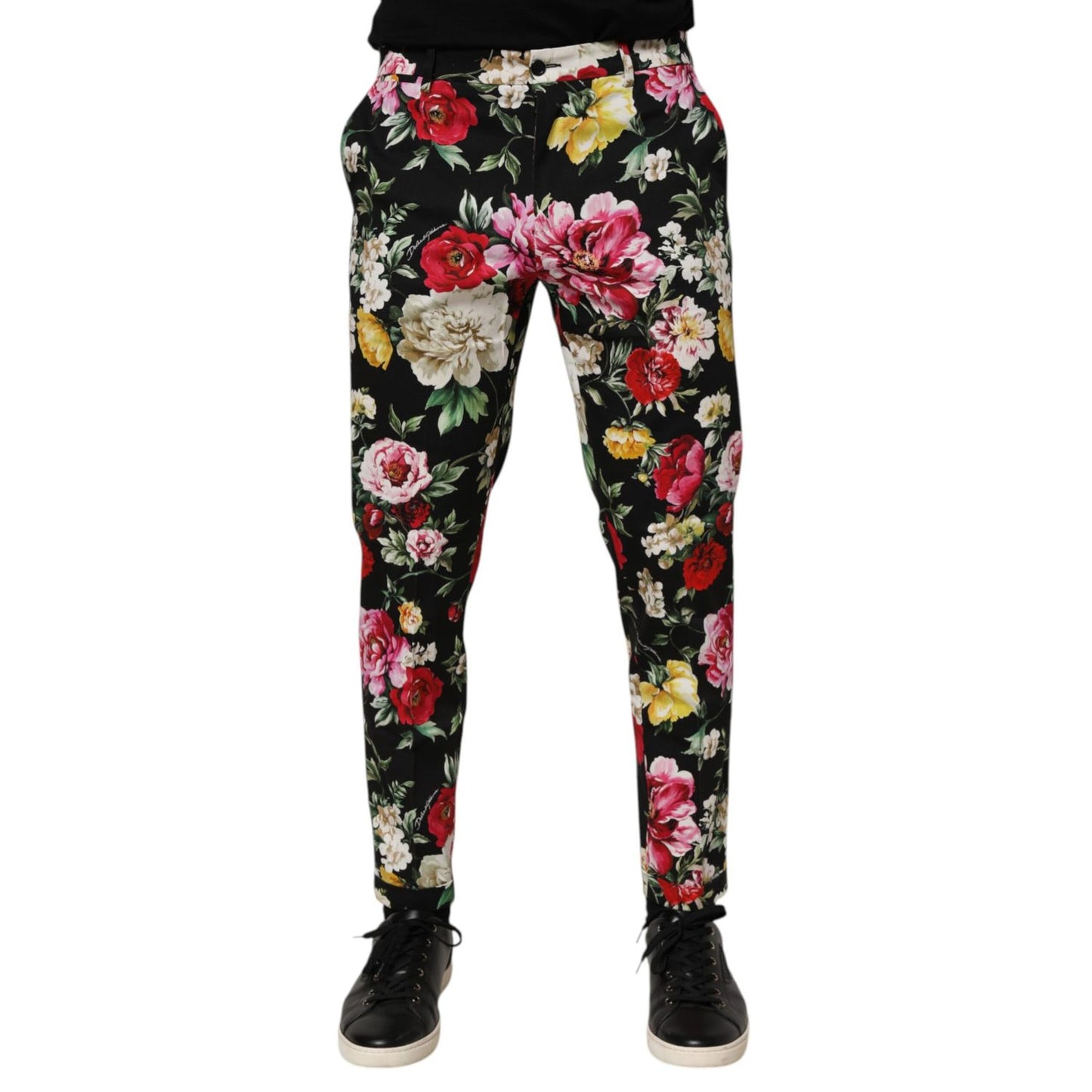 Dolce & Gabbana Black Floral Cotton Dress Formal Trouser Pants for luxury events, featuring elegant floral pattern and modern fit.