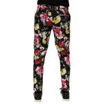 Rear view of Dolce & Gabbana Black Floral Cotton Dress Formal Trouser Pants featuring vibrant floral pattern for formal events.