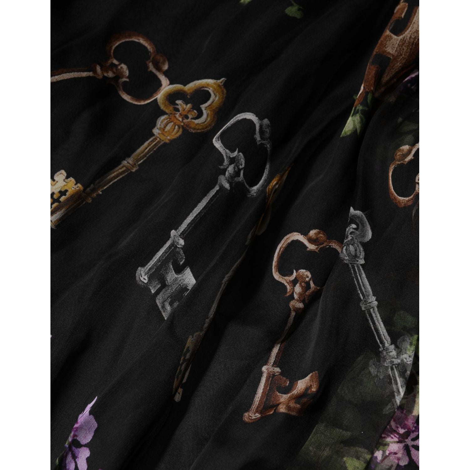 Dolce & Gabbana Black Floral Key Print Crystal Strapless Dress