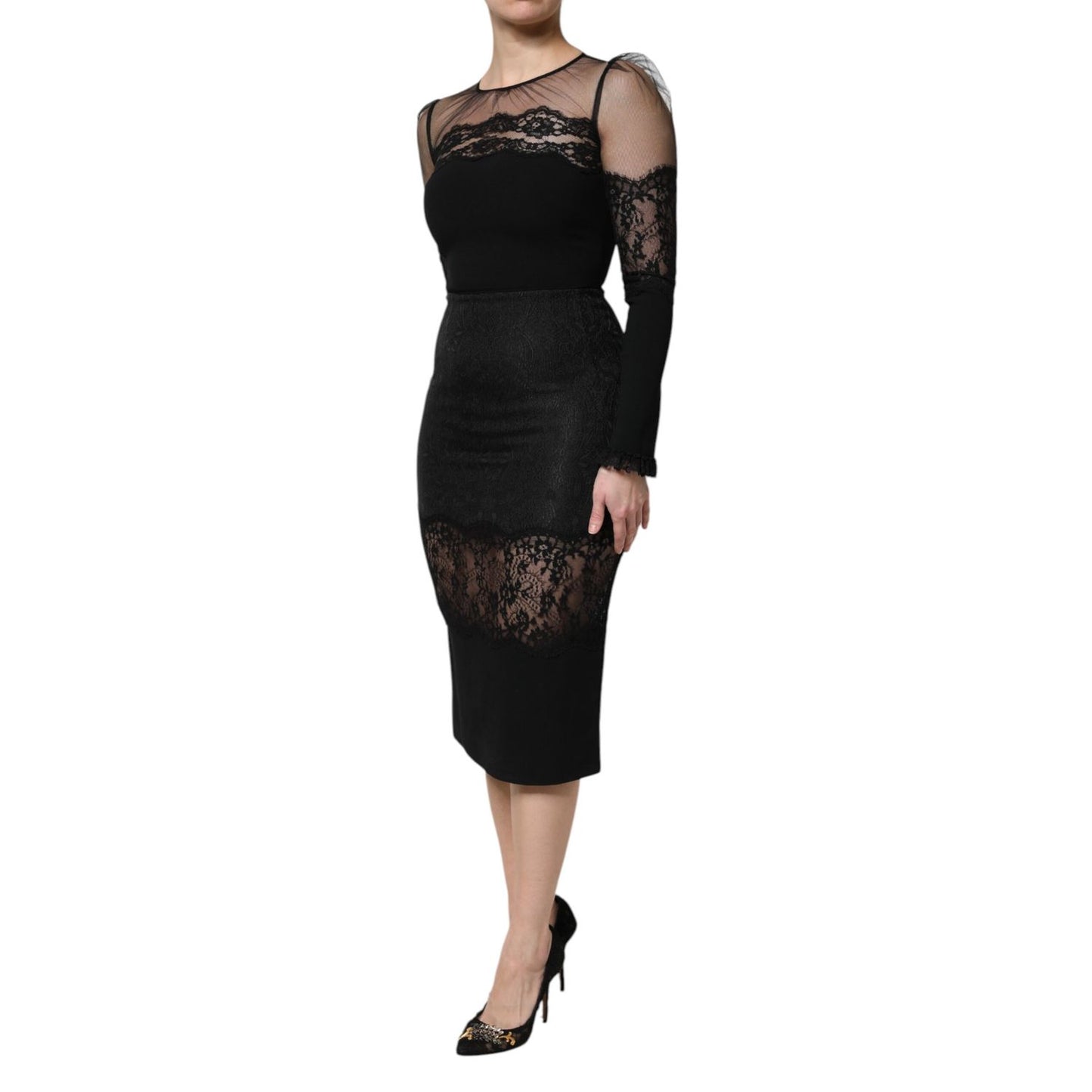 Dolce & Gabbana Black Lace Trim Nylon Tulle SheathMidi Dress