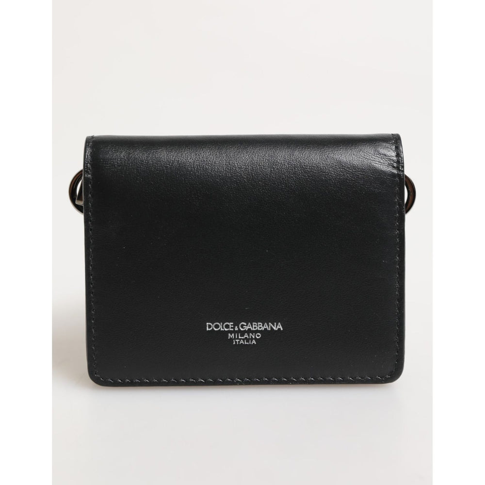 Dolce & Gabbana Black Leather DG Logo Bifold Card Holder Men Borse Wallet, sleek black design with logo embossed.