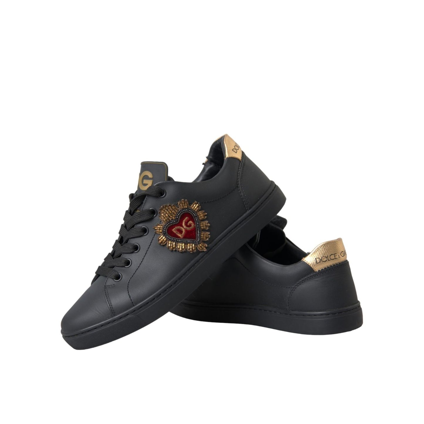 Dolce & Gabbana Black Leather Heart Embellished Sneakers Shoes