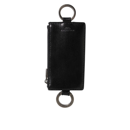 Dolce & Gabbana Black Leather Logo Embossed Lanyard Card Holde Wallet with zipper closure and shiny ring fastenings.