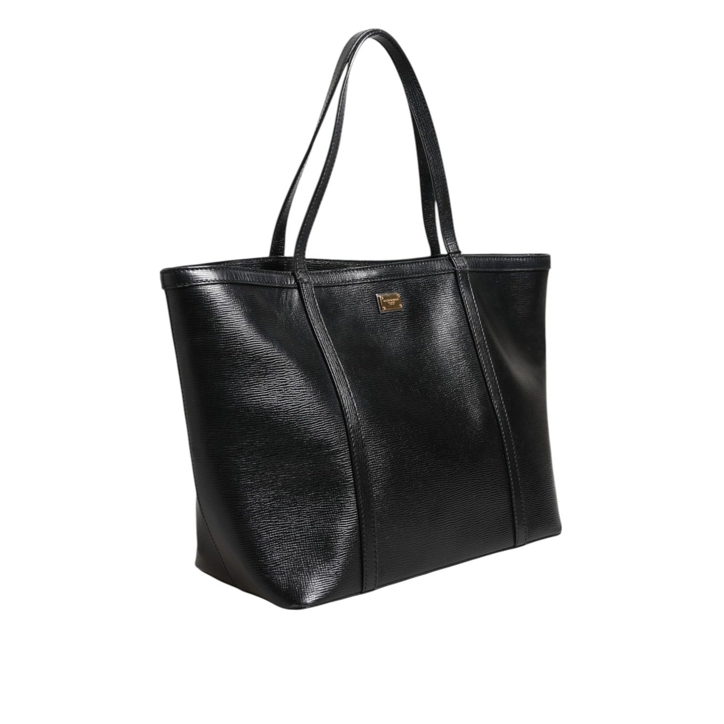 Dolce & Gabbana Black Leather Miss Escape Shopping Tote Women Borse Bag with gold detailing and two handles.