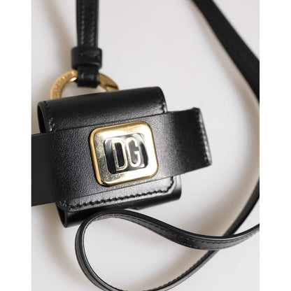 Dolce & Gabbana Black Leather Strap Gold Metal DG Logo Plaque Airpods Case