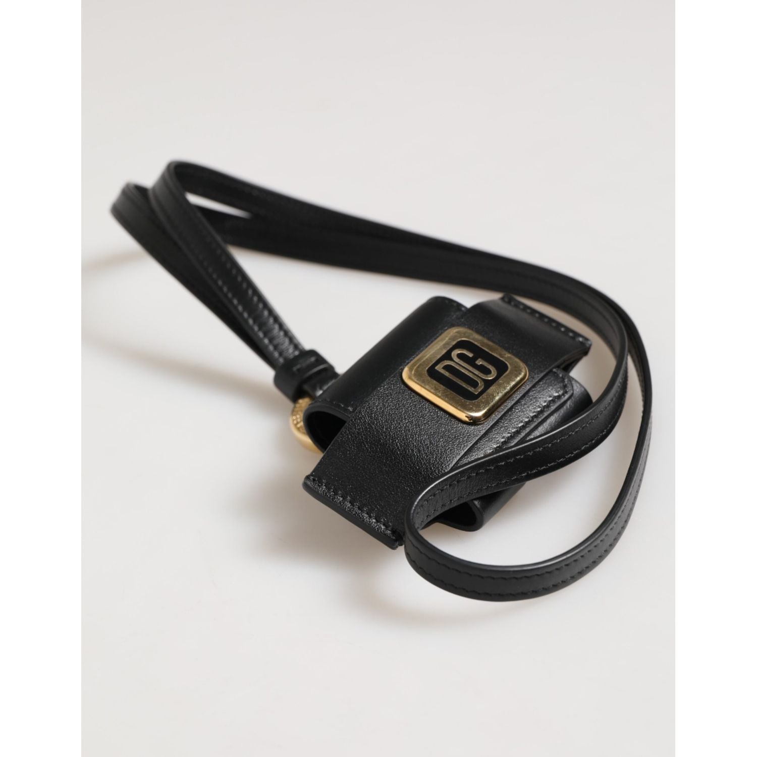 Dolce & Gabbana Black Leather Strap Gold Metal DG Logo Plaque Airpods Case