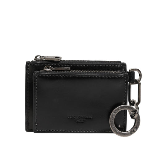 Dolce & Gabbana Black Leather Zipped Card Holder Coin Purse Keyring Wallet with dual zip compartments and metal chain