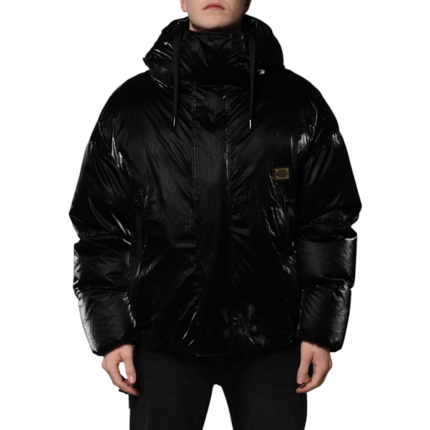 Dolce & Gabbana Black Logo Full Zip Hooded Quilted Jacket displayed on a model