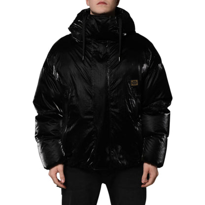 Dolce & Gabbana Black Logo Full Zip Hooded Quilted Jacket, nylon material, zipper closure, stylish Italian design.