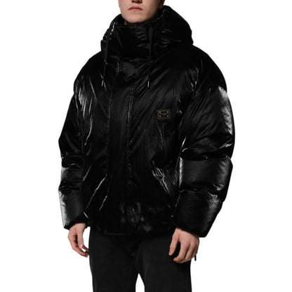 Dolce & Gabbana Black Logo Full Zip Hooded Quilted Jacket in shiny nylon material with zipper closure and logo details.