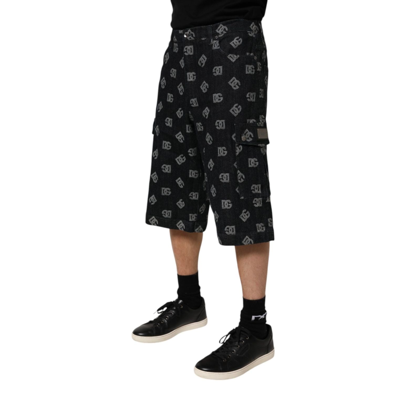 Dolce & Gabbana Black Monogram Denim Cargo Men Bermuda Short