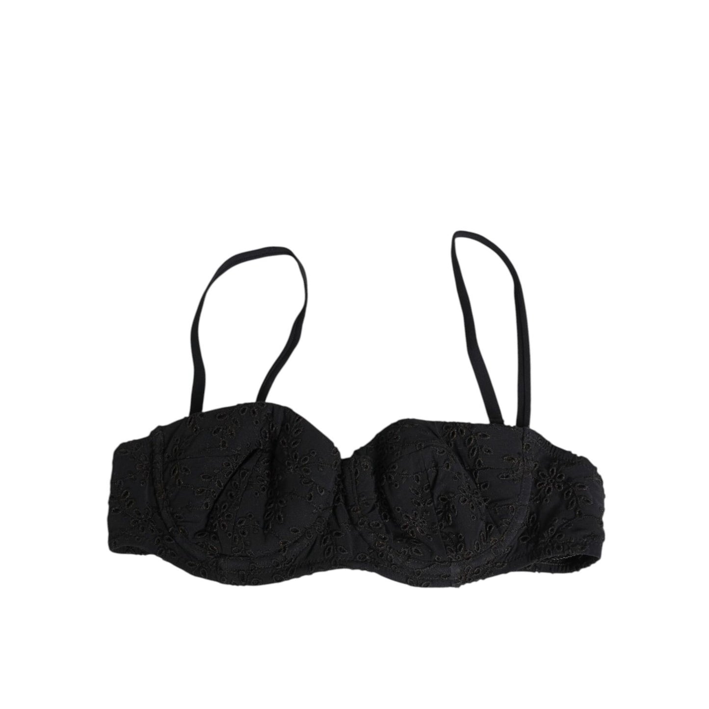 Dolce & Gabbana Black Polyester Embroidered Underwire Bra Underwear with floral detailing on black fabric, two hook closure.