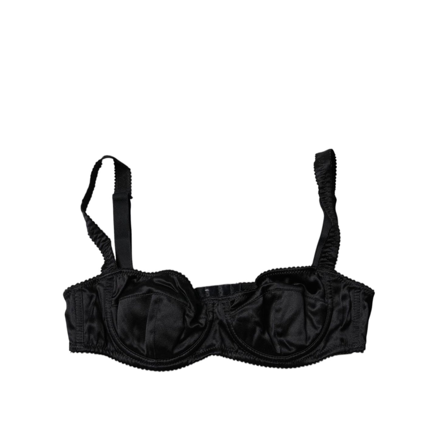 Dolce & Gabbana Black Silk Stretch Balconette Brassiere Underwear with hook closure and logo details.
