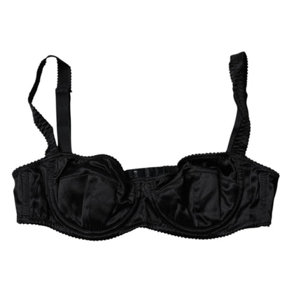 Dolce & Gabbana Black Silk Stretch Balconette Brassiere Underwear with hook closure and logo details, made in Italy for great fit and comfort.