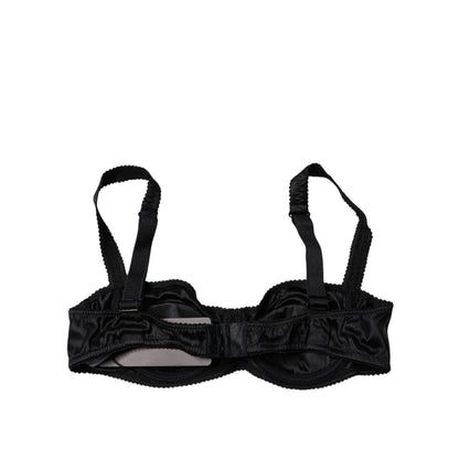 Dolce & Gabbana Black Silk Stretch Balconette Brassiere Underwear with hook closure and logo details, made in Italy for comfort and fit.