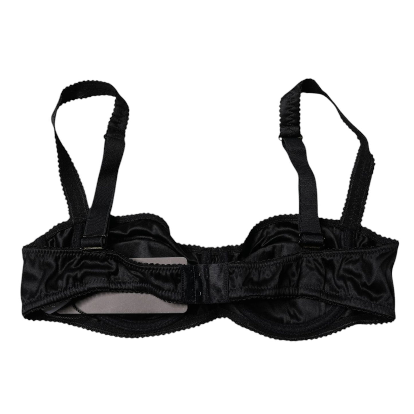 Dolce & Gabbana Black Silk Stretch Balconette Brassiere Underwear in black silk with hook closure and logo details, back view.
