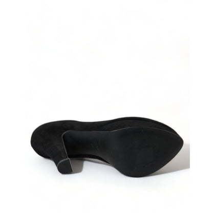 Bottom view of Dolce & Gabbana Black Suede Leather Platform Heel Pumps Shoes, showcasing leather sole and high-quality craftsmanship.