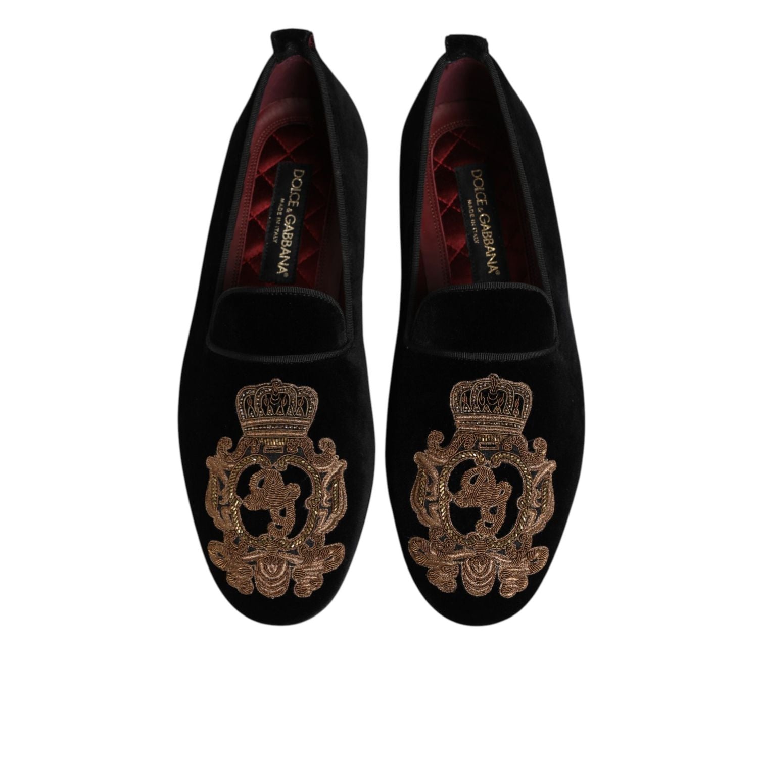 Dolce & Gabbana Black Velvet Gold Crown Mens Loafers Shoes